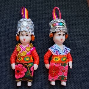 Two Vintage 4" Dolls In Traditional Ceremonial Clothing w/Headdress Handmade